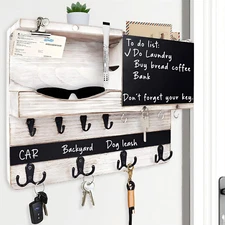 Rustic Farmhouse Key and Mail Holder with Shelf, Hooks, and Chalkboard