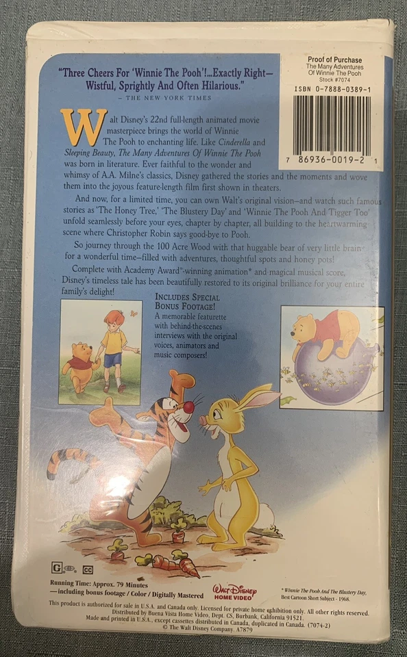 Disney's The Many Adventures of Winnie the Pooh VHS 1996 Masterpiece 7074 - Image 3 of 4