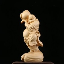 11.8" Chinese Boxwood Wood Hand Carved Maitreya Buddha Statue     .     