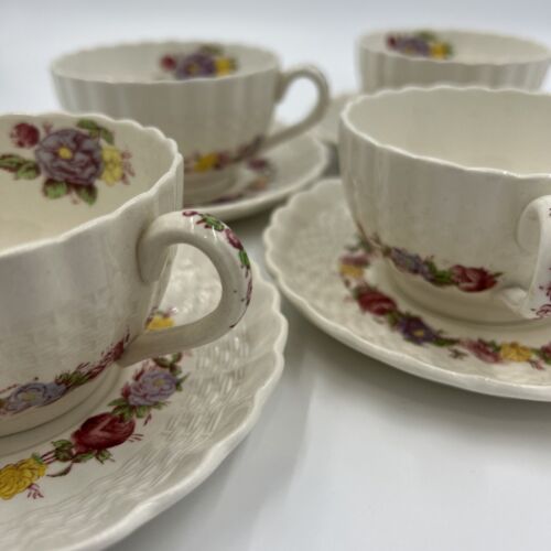 Copeland Spode Rose Briar Set Of (4) Footed Tea Cups And Saucers (Crazing) - Picture 9 of 12