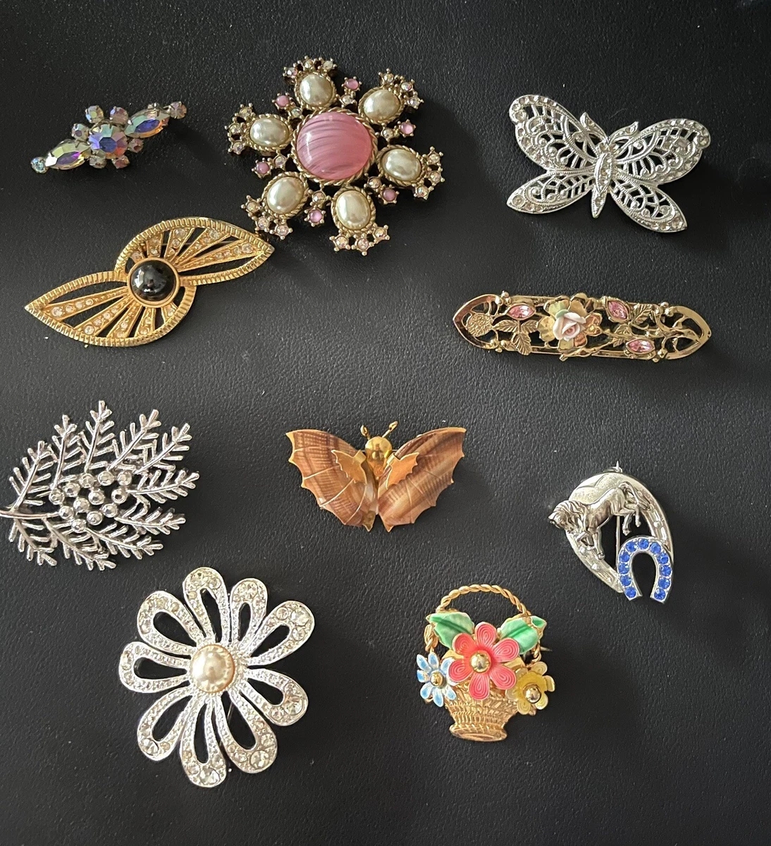 Lot of 10 Vintage Rhinestone Brooch Pins