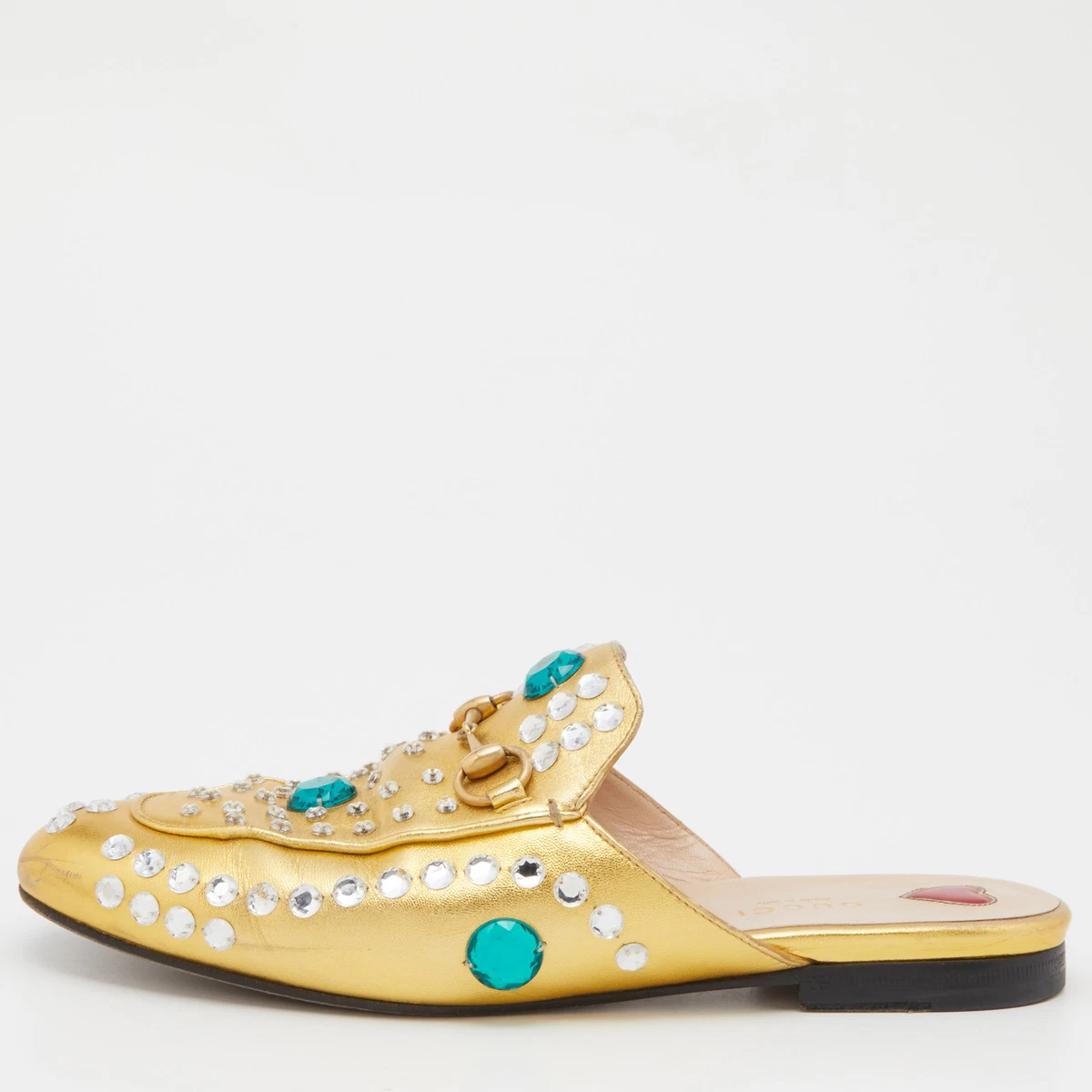 Gucci Gold Crystal Embellished Leather Princetown Flat Mules Size 37.5