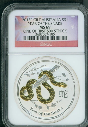 2013 ( 2013-P ) $1 S$1 AUSTRALIA GILDED GILT Lunar SNAKE 1 Oz. SILVER NGC MS69