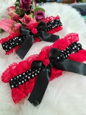 Wedding Garter set red and black polka dot retro 60s themed rocker Billy