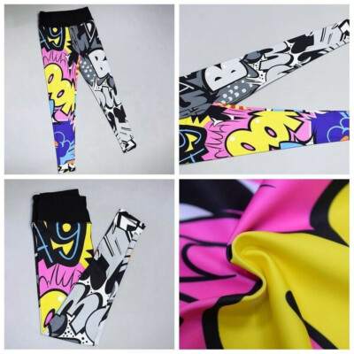 NEU Damen Leggings Stretch lang Hose Sporthose Trainingshose COMIC Style Cartoon