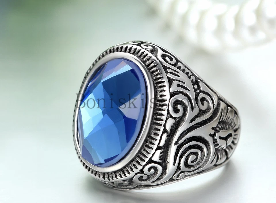 Men's Womens Vintage Patterned Stainless Steel Charm Ring Band With Glass Stone - Image 3 of 4