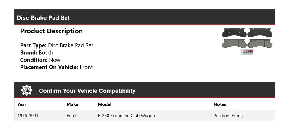 Juego de pastillas de freno de disco delanteras Bosch para Ford E-250 Econoline Club Wagon 1976-1991 Foto 2 de 3