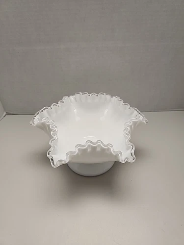 Vintage Fenton Milk Glass Silver Crest Ruffled Edge Pedestal Compote Candy Dish