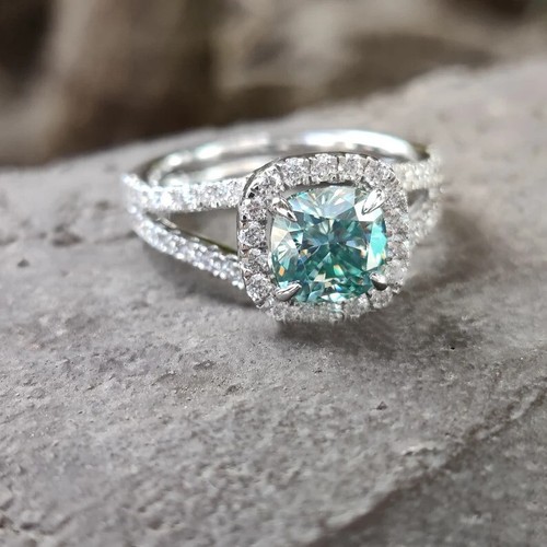 1.98 TW Cushion Cut Split Shank Halo Moissanite Engagement Ring Gift 925 Silver - Picture 2 of 3