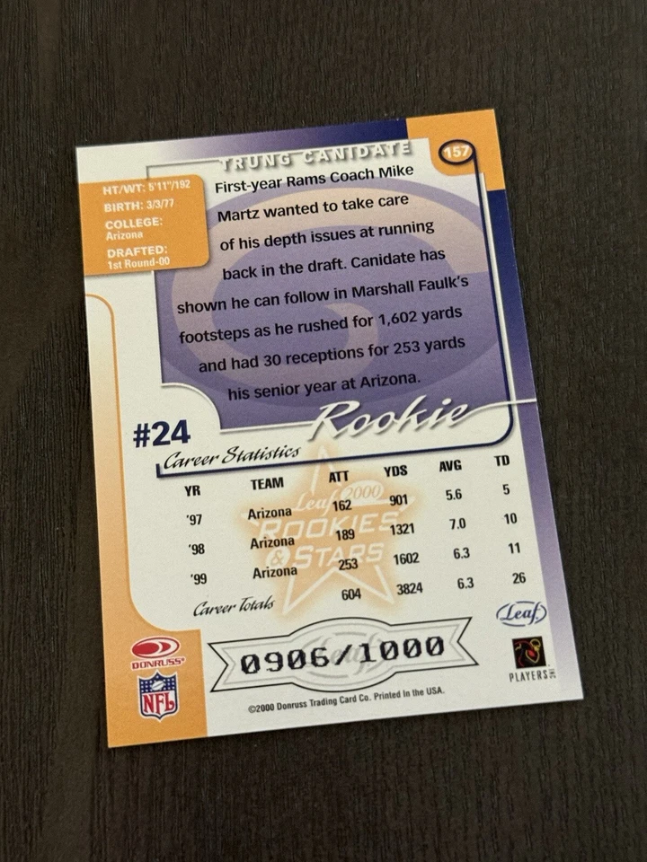 2000 Leaf Rookies & Stars /1000 #157 TRUNG CANIDATE St. Louis Rams ROOKIE RC - Image 2 of 2