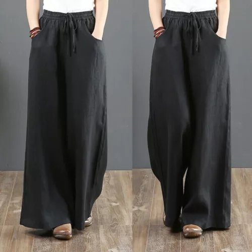 Summer Womens Cotton Linen Baggy Long Trousers Elastic High Waist Wide Leg Pants - Picture 2 of 31