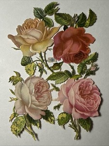 1883 Large Victorian Die Cut Roses Pink Red Yellow Vtg Paper antique