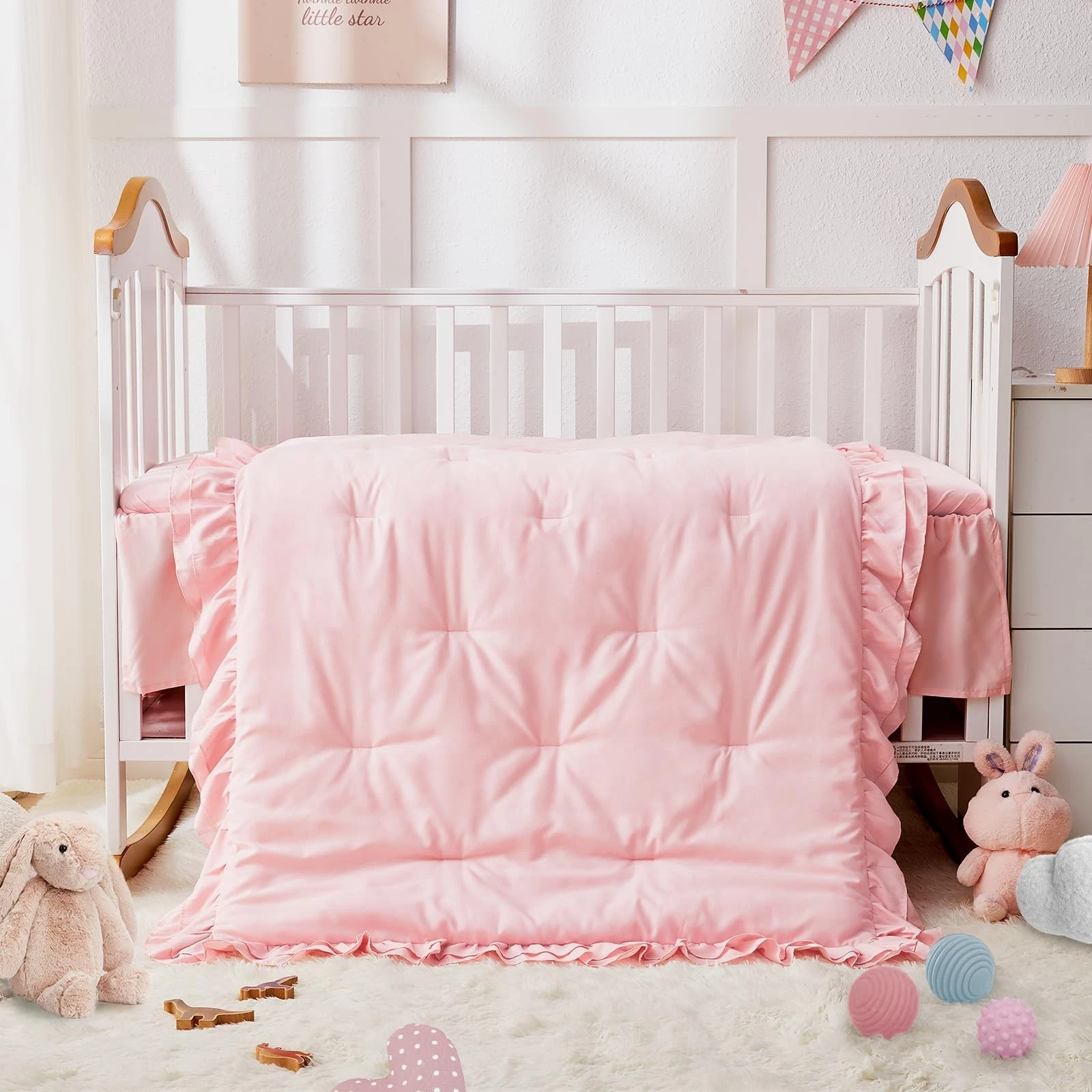 Crib Bedding Set for Girls, 3-Piece Double Ruffle Baby Bedding Crib Set Inclu...