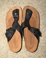Valentino Logo Thong Sandals Patent Leather Buckle Straps Black/Brown 12