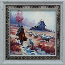 Original Oil Painting Winter Landscape Rural Scene Framed Artwork 4x4 mini Art
