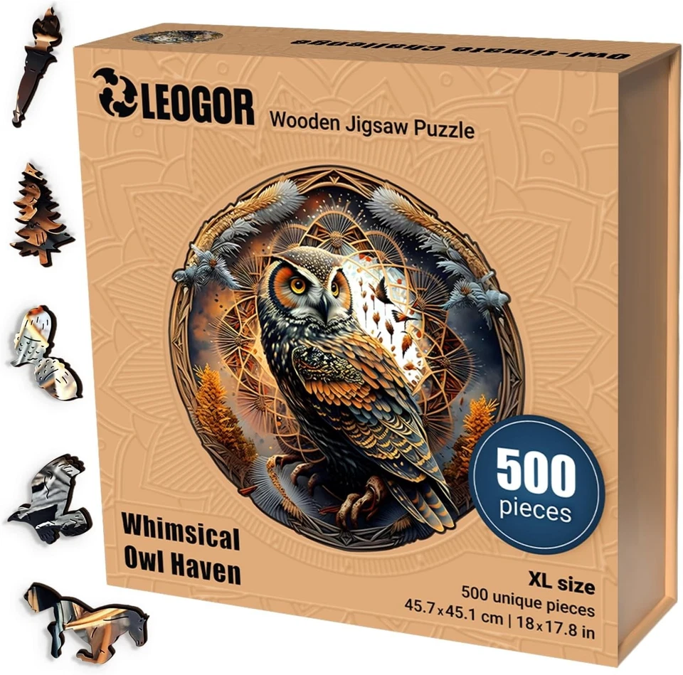 独特 500 件木制拼图带手塑件 - 礼品即用猫头鹰艺术 — 第 3/4 张图片