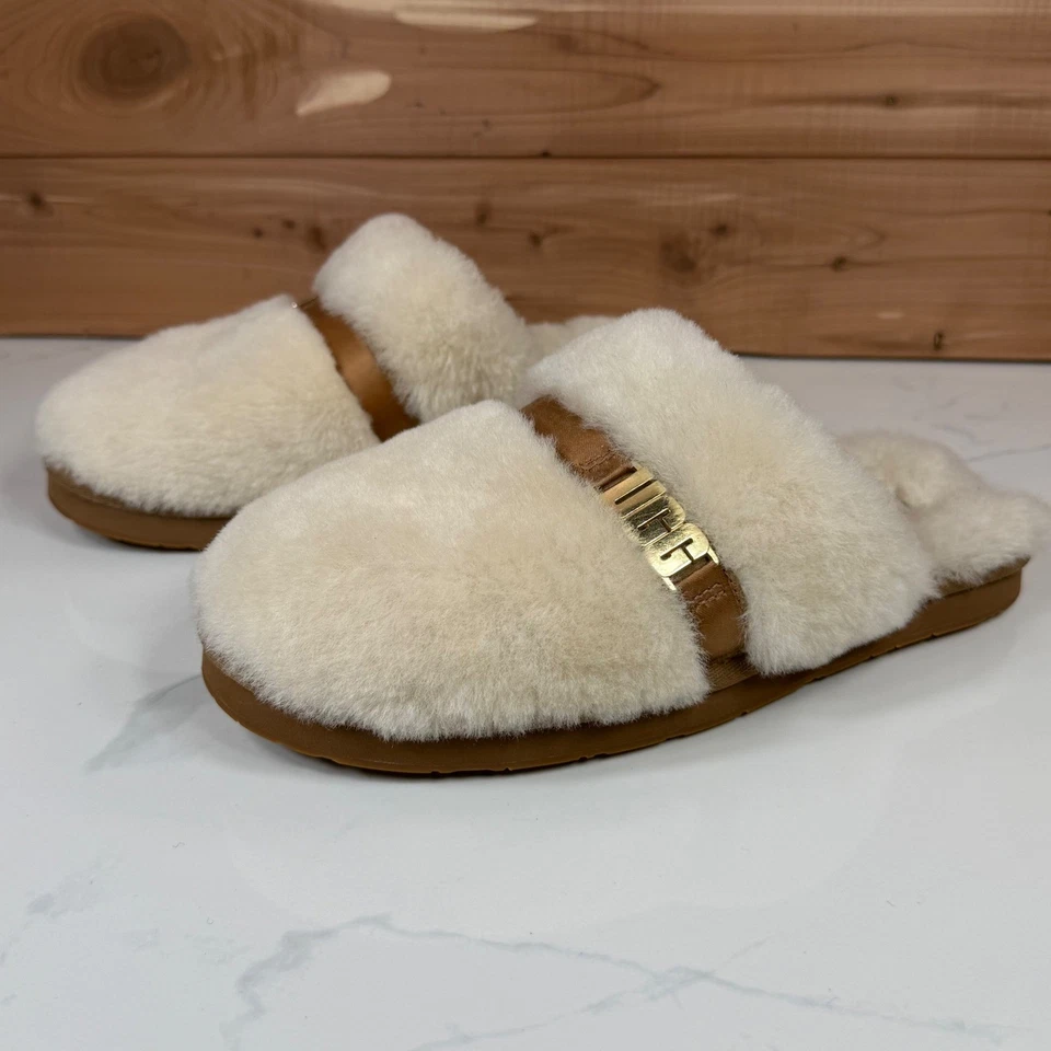 Chinelos femininos UGG Scuffette II pele de carneiro logotipo creme bronzeado fivela tamanho 8 - Imagem 2 de 4