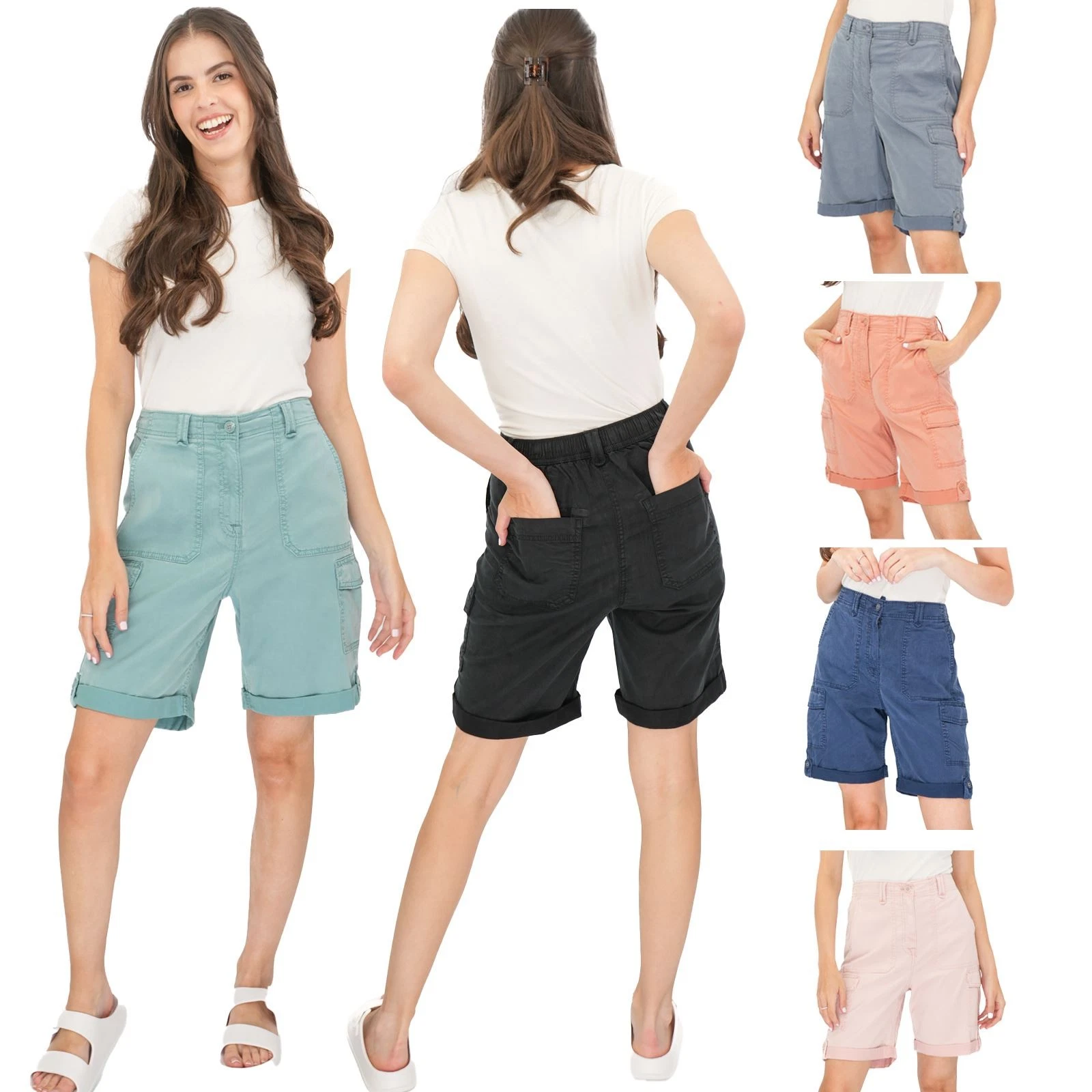 Womens M&S Cargo Short Classic Cotton Lyocell Tea Dyed Stretch Waist