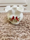 Fenton White Milk Glass Ruffle  Bowl Vase with Hand Painted Cardinal Bird Signed