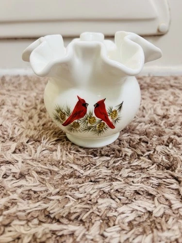 Fenton White Milk Glass Ruffle  Bowl Vase with Hand Painted Cardinal Bird Signed