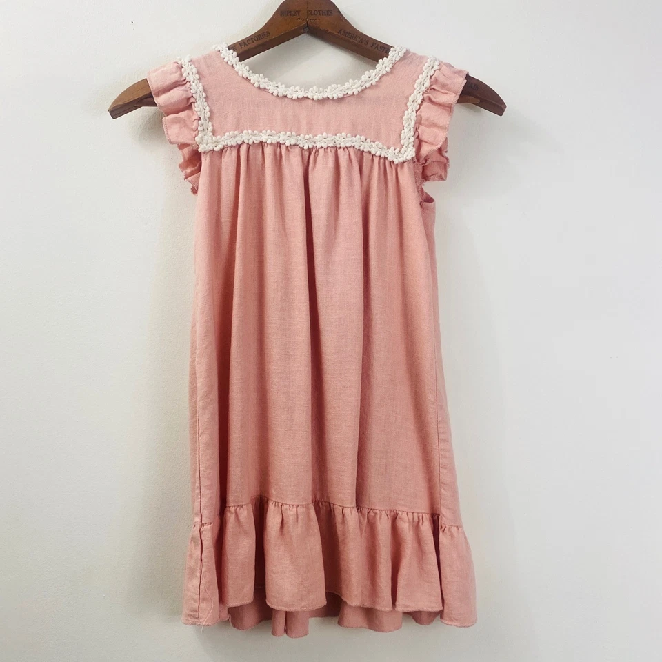 Girls Pink Blush Linen Blend Embroidered Dress Ruffle Sleeves Pockets Size 130 - Image 3 of 4