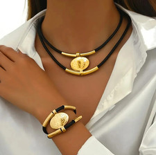 2pcs Vintage Oval Necklace & Bracelet Jewelry Set Gold Silver Double Layer - NEW
