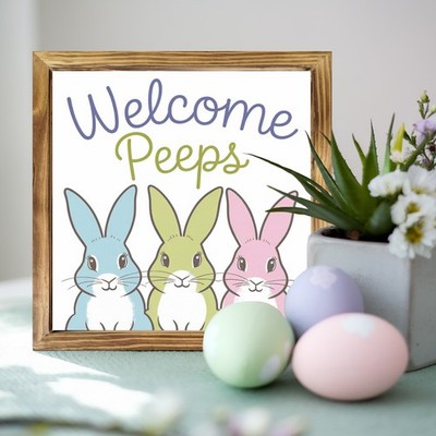 Easter Gift Welcome Peeps Colorful Bunnies Wooden Plaque Rustic Wall Art Decor