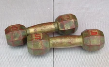 Vintage 1930s Gym Dumbells Octagonal End Hand Weights Cast Metal 5 lbs Display