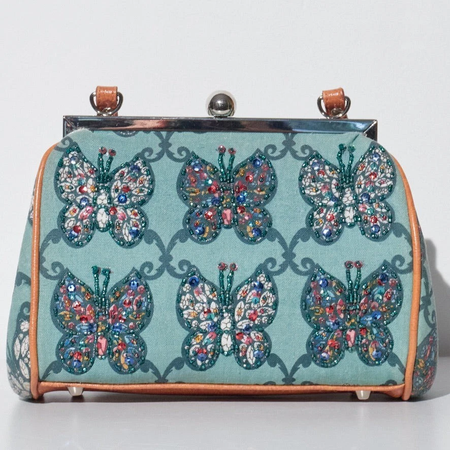 Cartera mariposa vintage años 60 con cuentas azul verdoso tela bolso correa de cuero sintético Foto 3 de 4