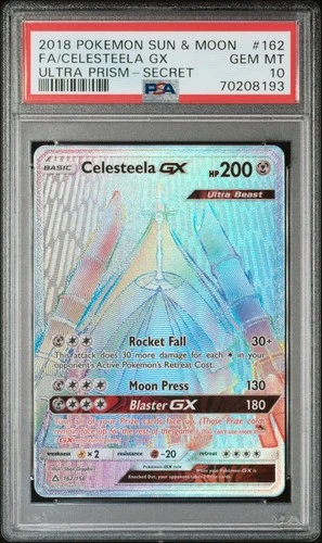 2018 POKEMON SUN & MOON ULTRA PRISM SECRET #162 FULL ART/CELESTEELA GX PSA 10