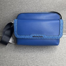 Michael Kors Cooper Signature Logo Med. Flap Camera Leather Bag Galaxy Blue NWT