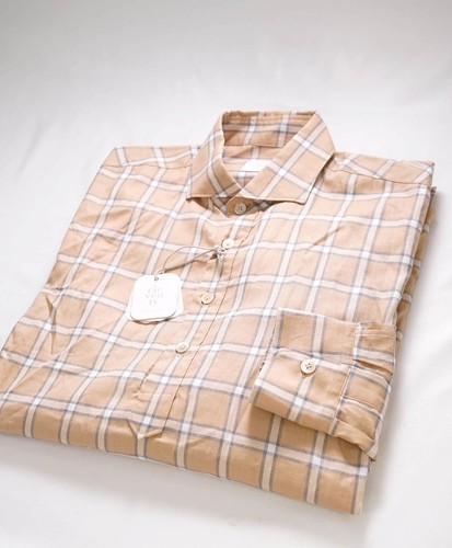 $495 ELEVENTY - Cotton Brown White Windowpane Check Dress Shirt - M - Picture 4 of 7