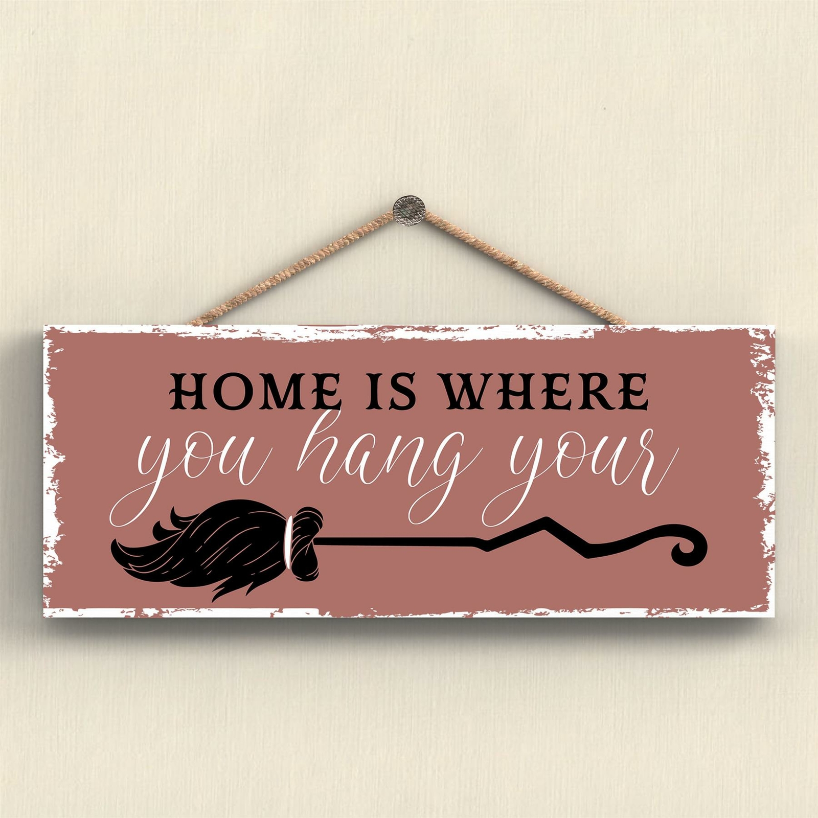 HOME HANG BROOM RECTANGLE WITCHCRAFT THEMED HALLOWEEN WOODEN HANGING PLAQUE
