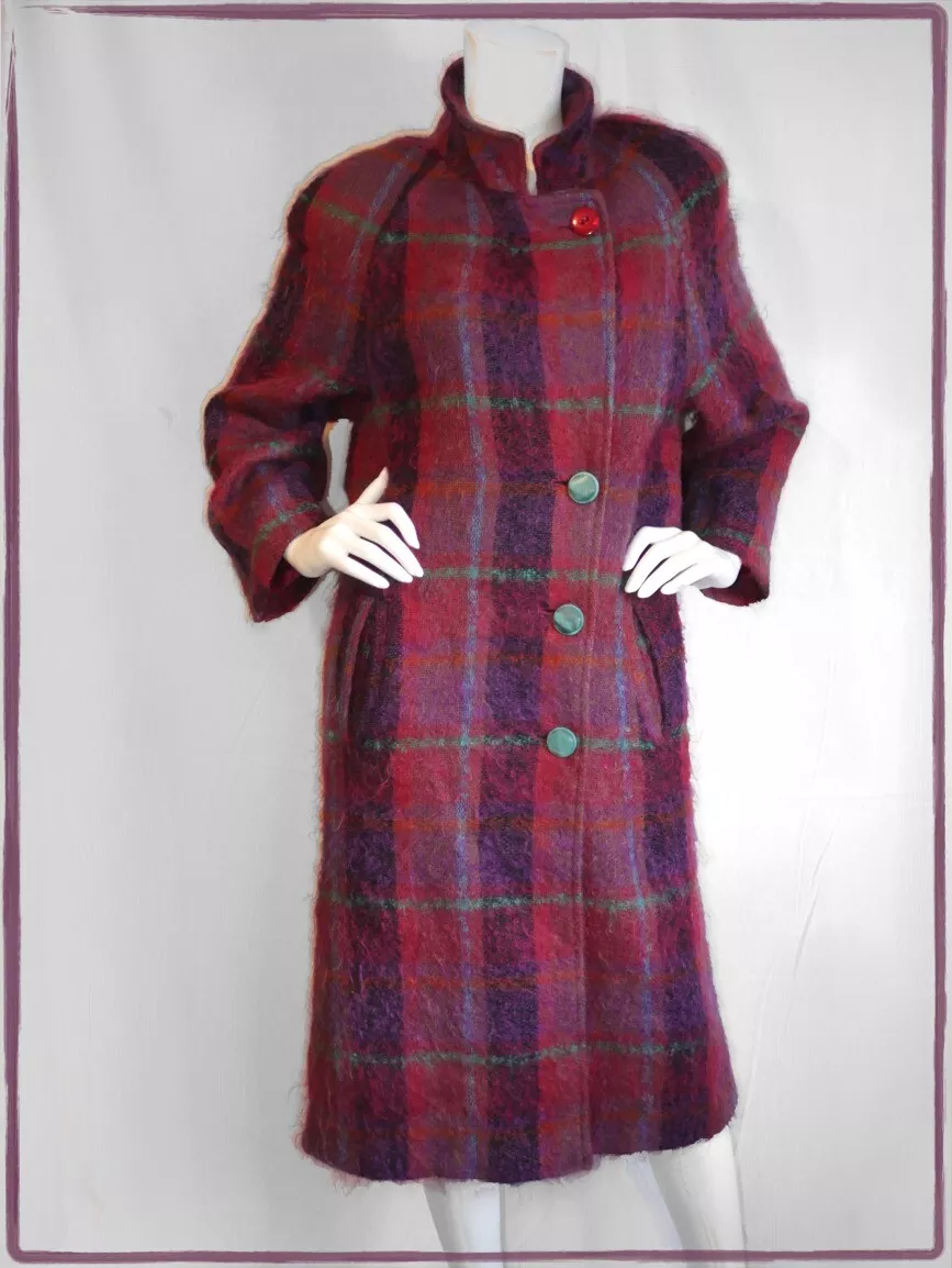 Vintage red purple fuzzy mohair long coat side buttons jacket 12 L Penguin USA
