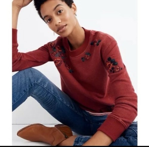Madewell Embroidered Floral Cutoff red Crewneck Women's Sweatshirt XXS  NEW#CB9 - Picture 1 of 12