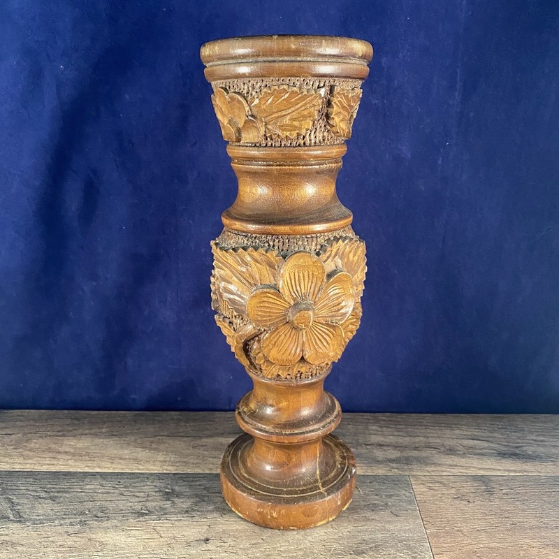 Hand Turned Carved Wood Flower Vase Hibiscus Carving Leaves 4.25"Dia x 11.25"H