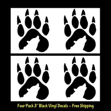 Howling Wolf Footprints Four -3" Black Vinyl Decals Car Truck Laptop Notebook