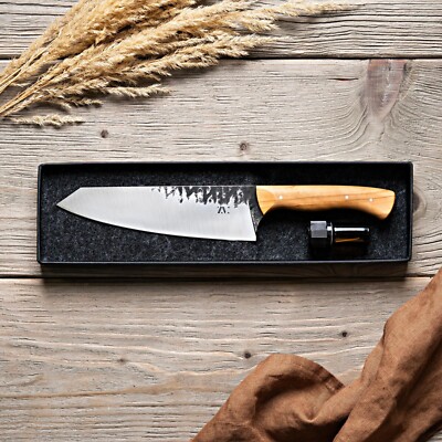100% Hand-Forged Damascus Steel Chef's Knife  Premium Wood Handle  Fixed Blade 