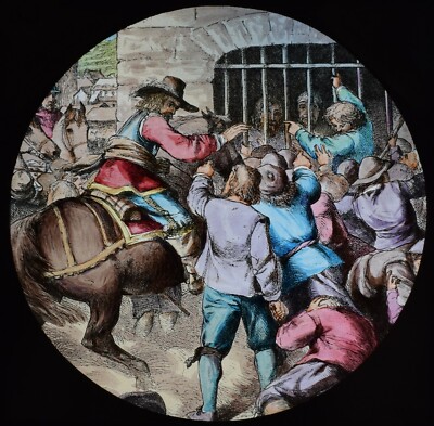ANTIQUE Magic Lantern Slide PILGRIMS PROGRESS NO63 C1890 HORSEMAN IN CROWD
