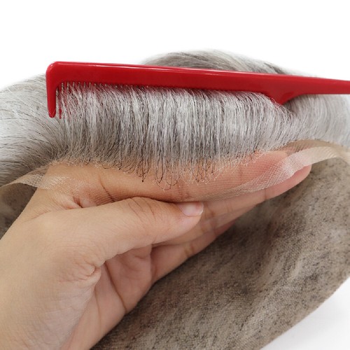 Toupee For Men Lace Human Hair Replecement System Skin Grey Hairpieces 8x10#1B80 - Picture 4 of 5