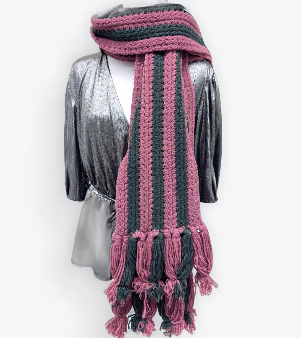 Authentique écharpe longue rayée Gucci rose vert laine cachemire nylon mélangé tricot épais