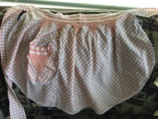 Vintage hand smocked Peach White gingham half apron With Pocket