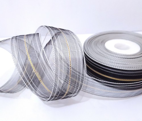 1" 25mm wide - 33y Sheer Black Mesh Polyester Ribbon w/ Gold Metallic Line PR59 - Picture 3 of 9