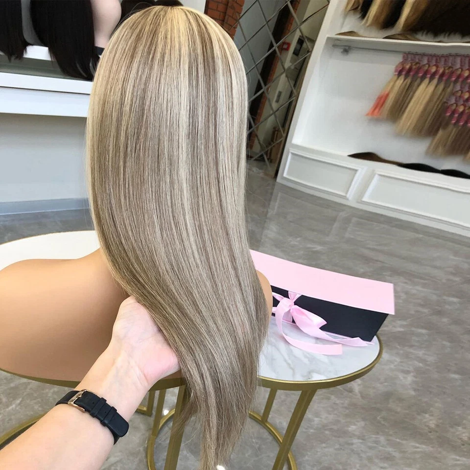 Ash Blonde Straight Lace Front Wig 100% Human Hair Dark Roots Pre Plucked - Image 4 of 4