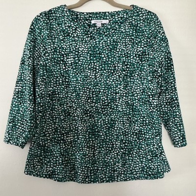Chicos Sz 1 M 8 Green White Black Geometric Cotton Spandex Top 3/4 Sleeve