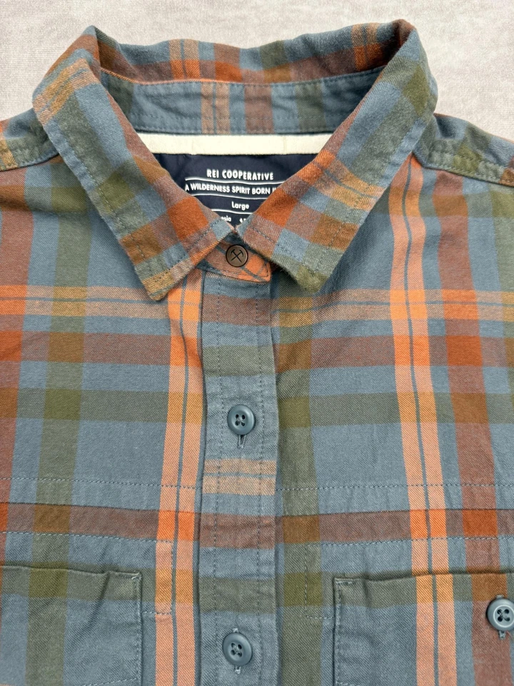 Camisa REI Cooperativa Mujer Grande Azul Naranja A Cuadros Abotonada Algodón Exterior Foto 2 de 4