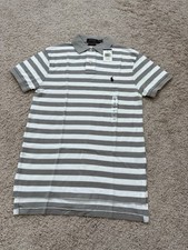 NWT Polo Ralph Lauren Mens SS Mesh Polo Custom Fit - Grey/White Striped Sz XS