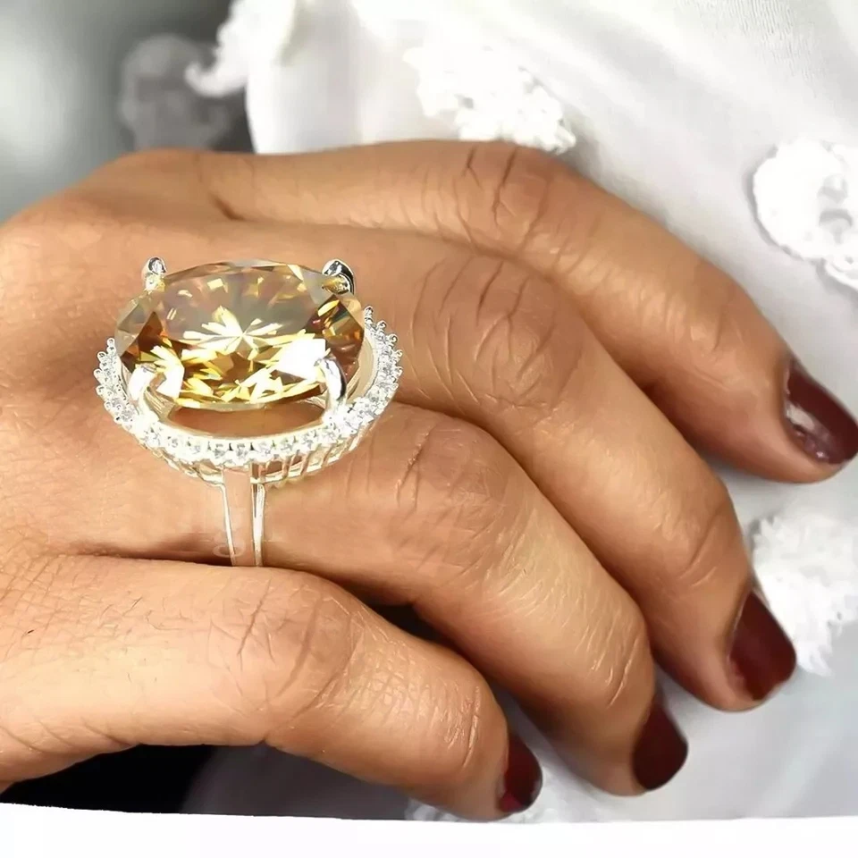 Anel solitário de diamante tratado com champanhe 13,60 quilates certificado em prata 925 - Imagem 3 de 4