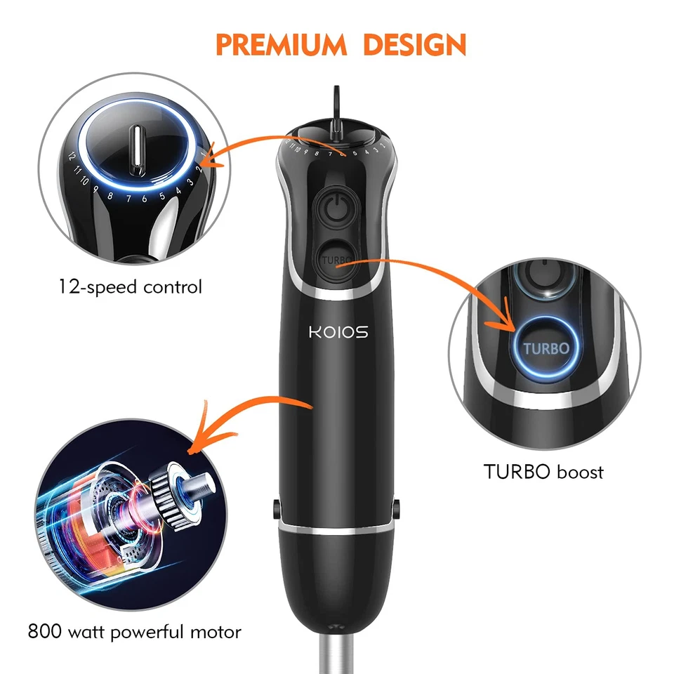 Ручной погружной блендер KOIOS 800 Вт/12 скоростей (усиленный титаном), турбонаддув f... - Изображение 2 из 4