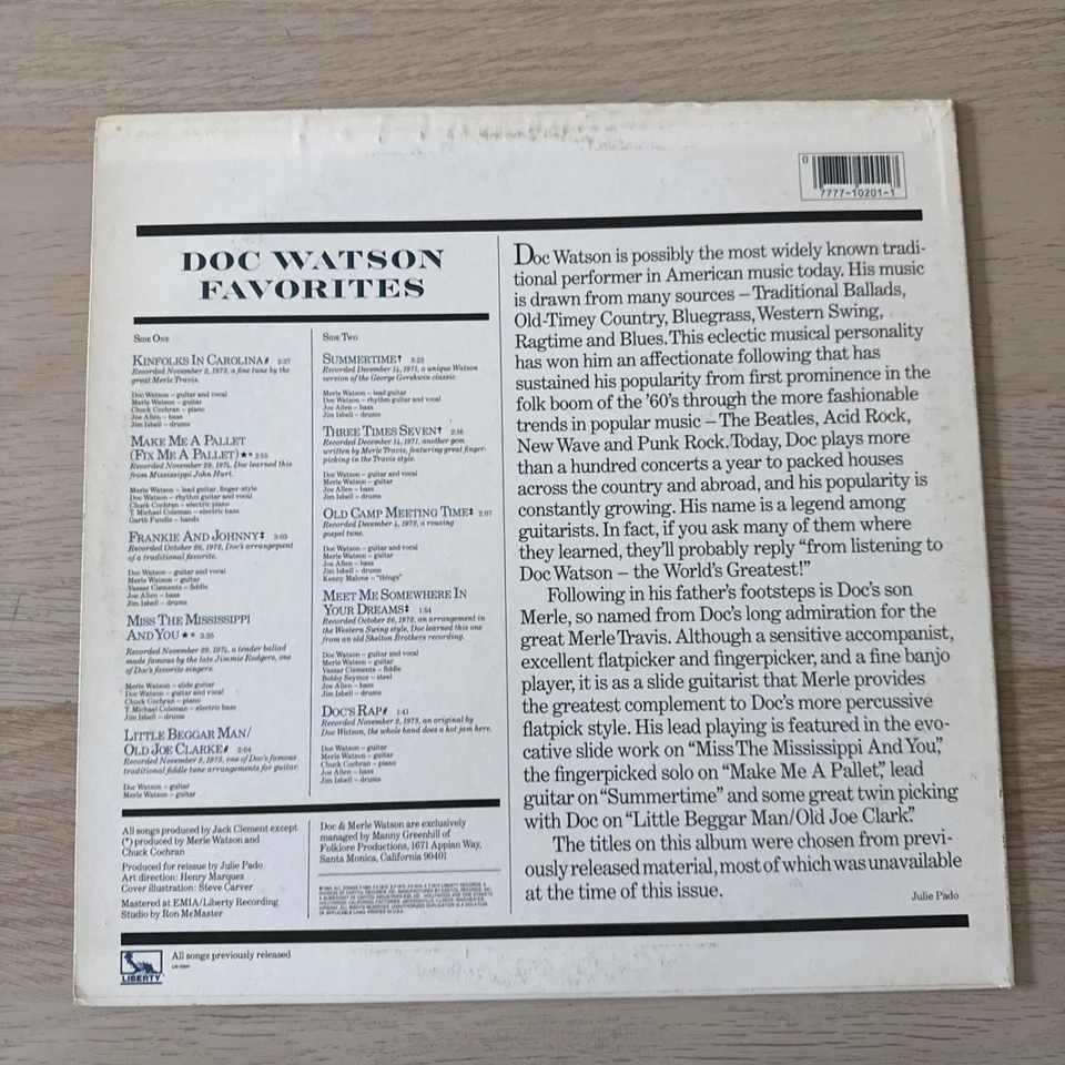 DOC WATSON - FAVORITES LN-10201 VINYL LP ALBUM 12” LIBERTY RECORD 1983 RARE - Image 2 of 4